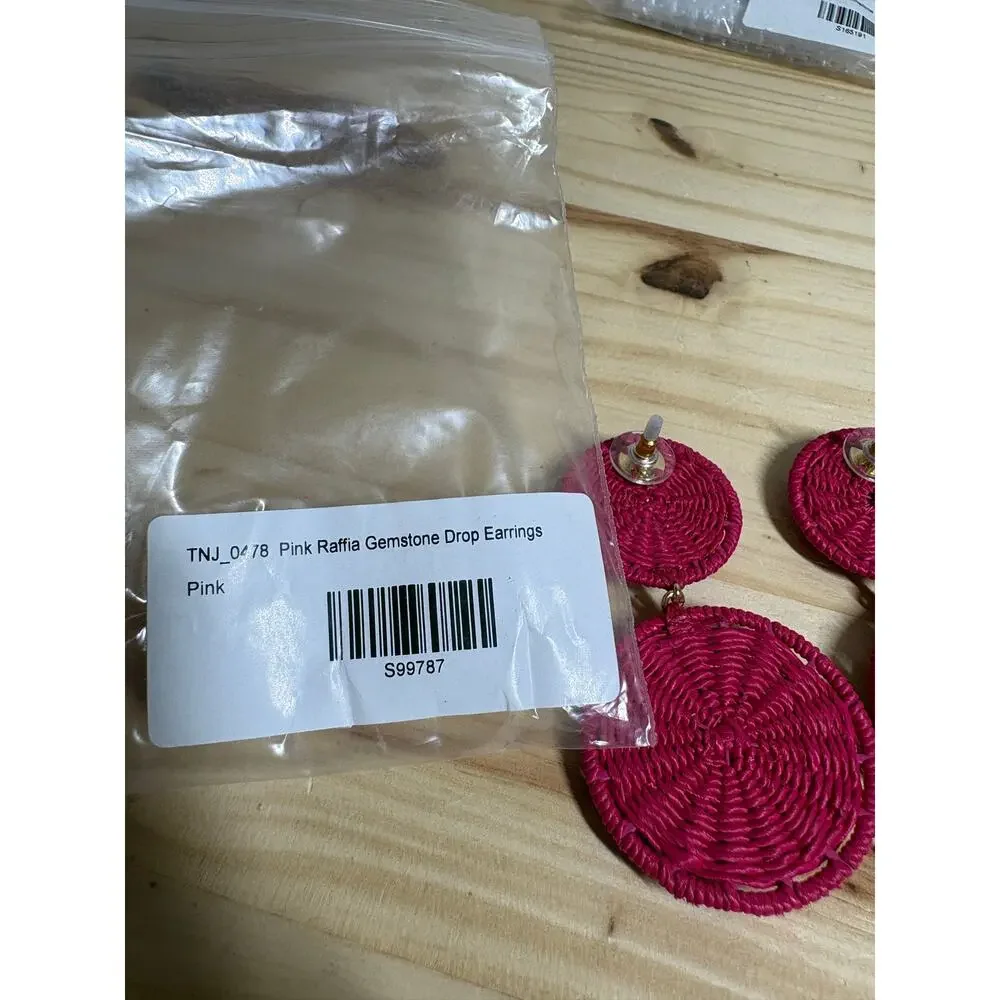 Tuckernuck Pink Raffia Gemstone Drop Earrings Woven Boho